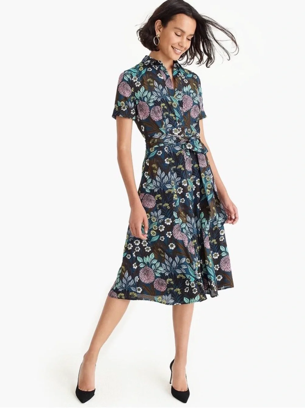 J. CREW X ABIGAIL BORG Shirt-Dress Midi Black Floral Teal Pink Blooms Size 4 - Picture 8 of 8